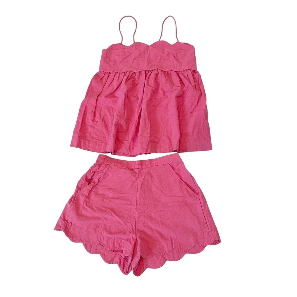 Free People Size S Pink Scalloped 2-Piece Babydoll Cami Shorts Set Coquette